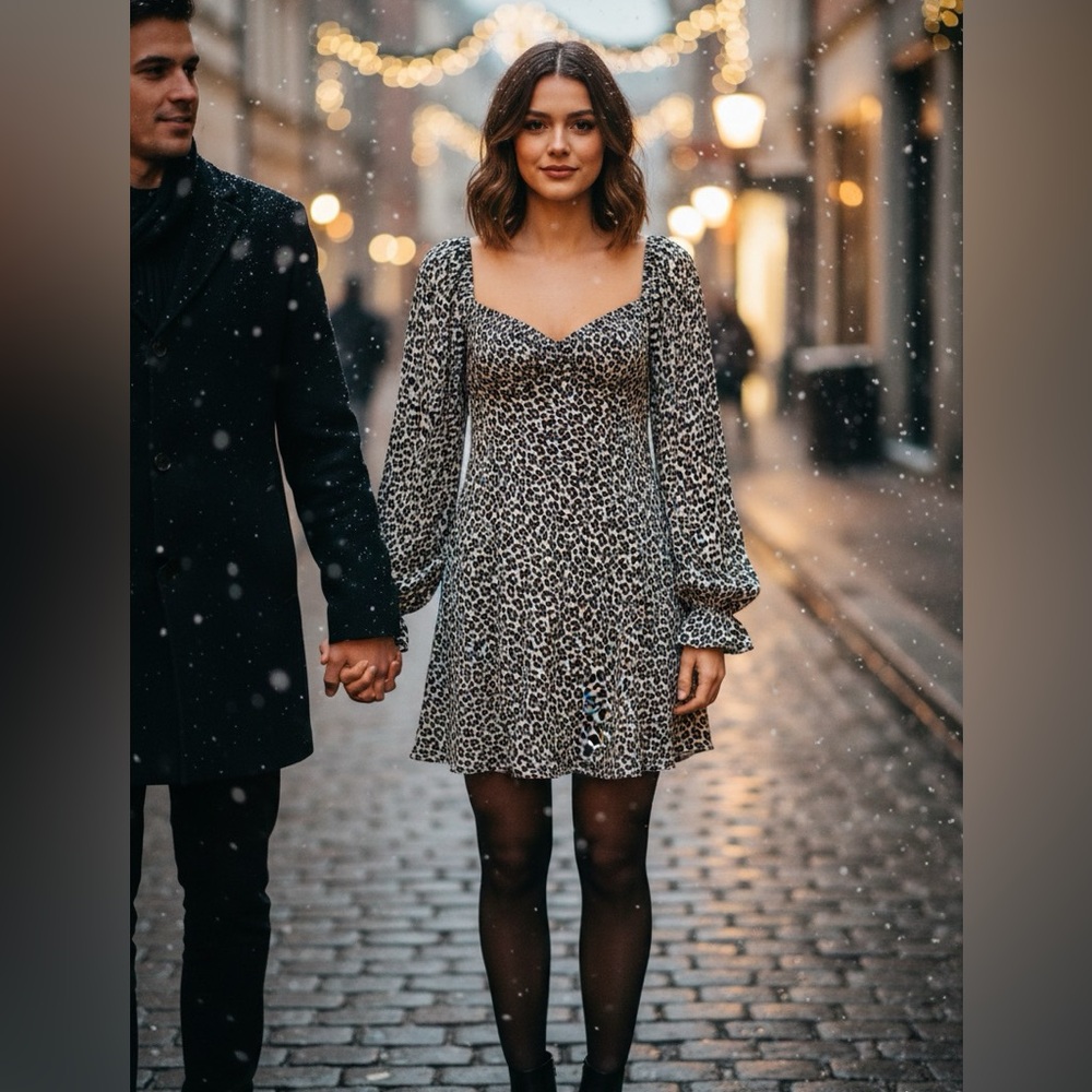 Zara Black and White Patterned Long Sleeve Dress